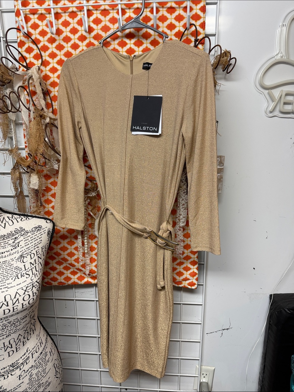 Halston Heritage Metallic Gold Midi Belted Sheath Dress